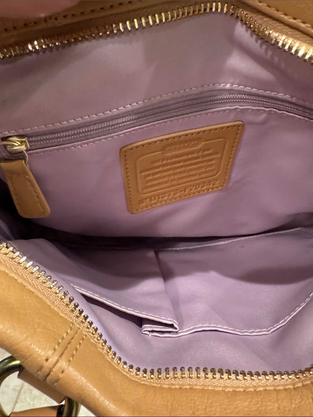 Coach Caramel Tan Leather Crossbody Bag with Gold Hardware & Lilac Interior - Picture 3 of 3